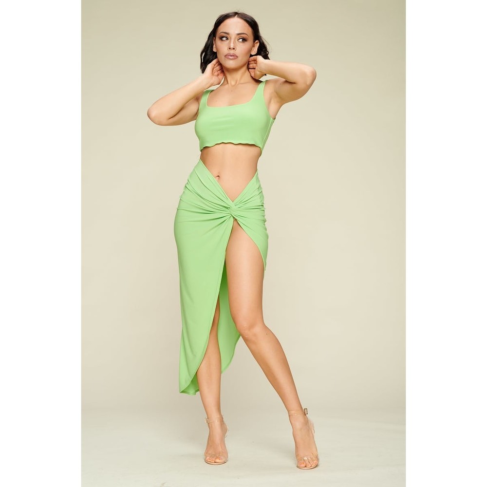 Summer Days Solid Crop Top & Split Thigh Twist Slit Skirt Set - Picture 2 of 8